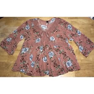 Torrid 3/4‎ Sleeve Shirt Size 3XL Floral Mauve Pink Rayon Lace Peasant Babydoll